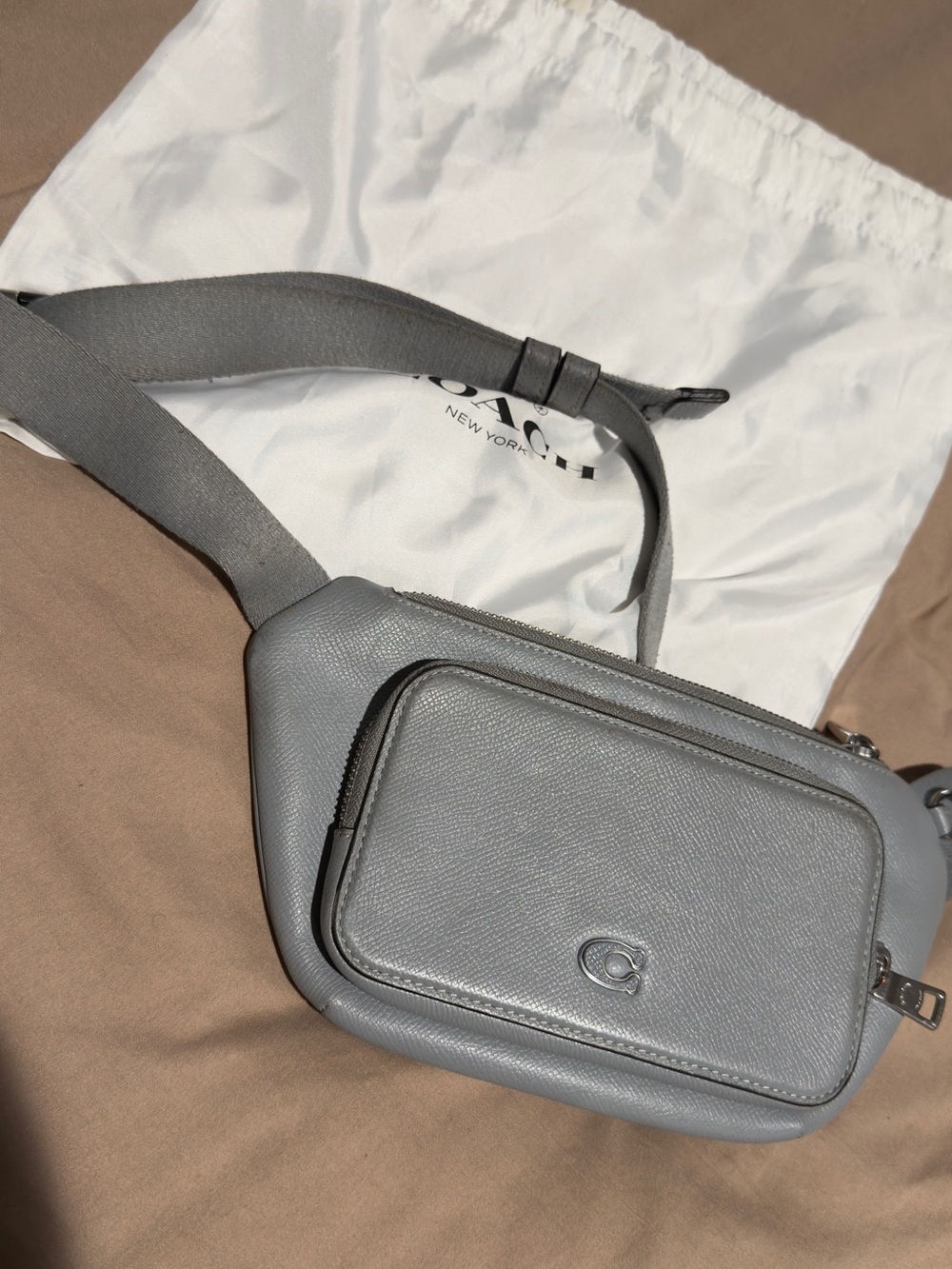 Coach Men's Gray Pebbled Leather Belt Bag with Front Pocket